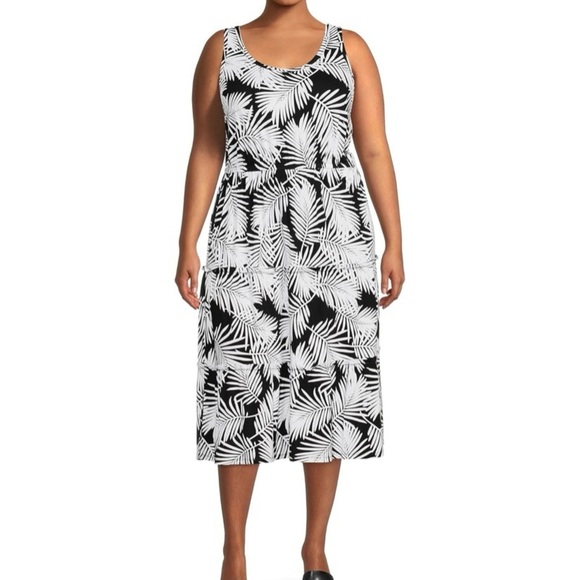 Terra & Sky Midi Tropical Racerback Black White Leaf Print Dress Plus Size 0 - Picture 3 of 11